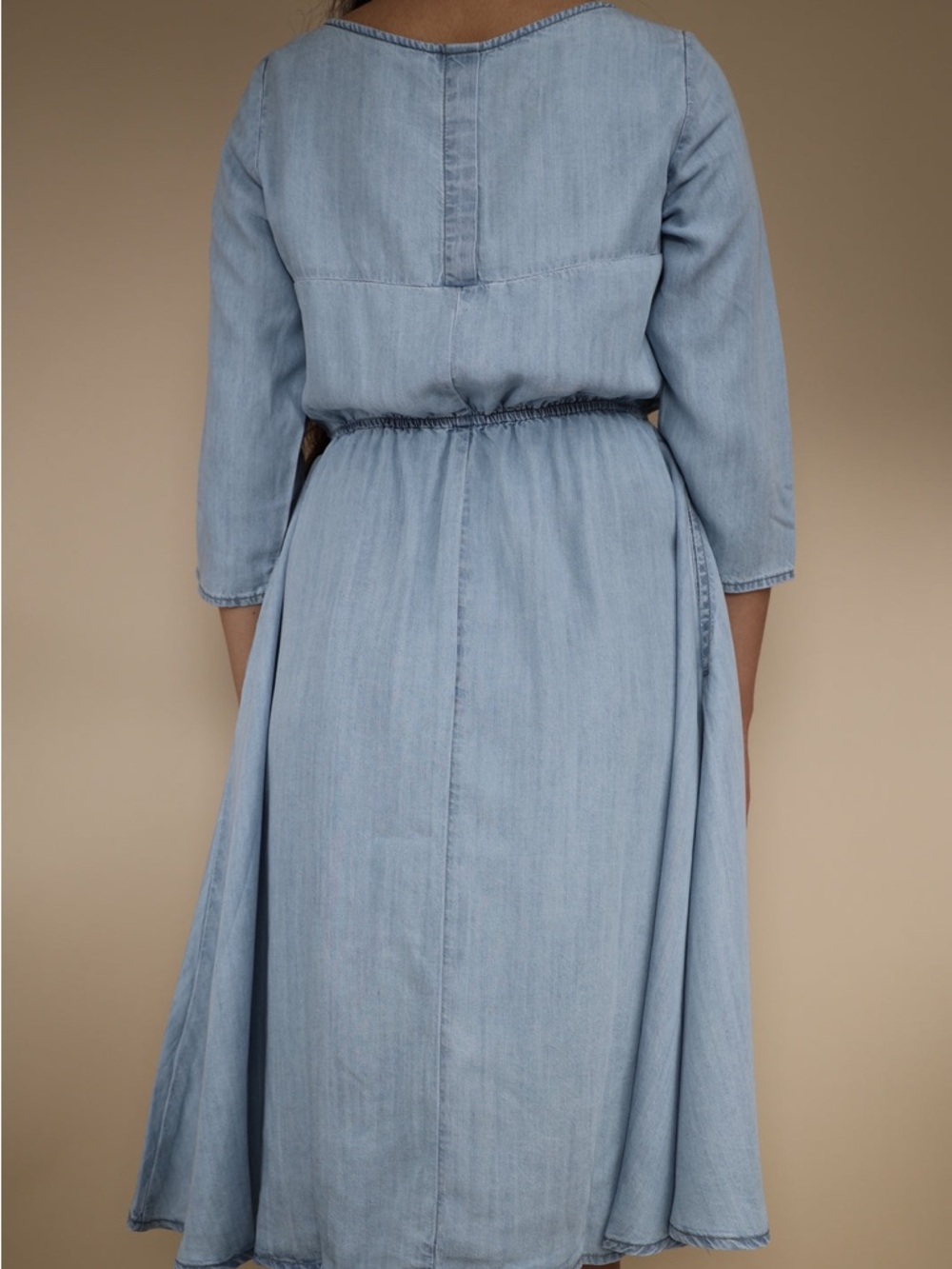 New Light Wash Denim Midi Dress with Button Front - Picture 3 of 13